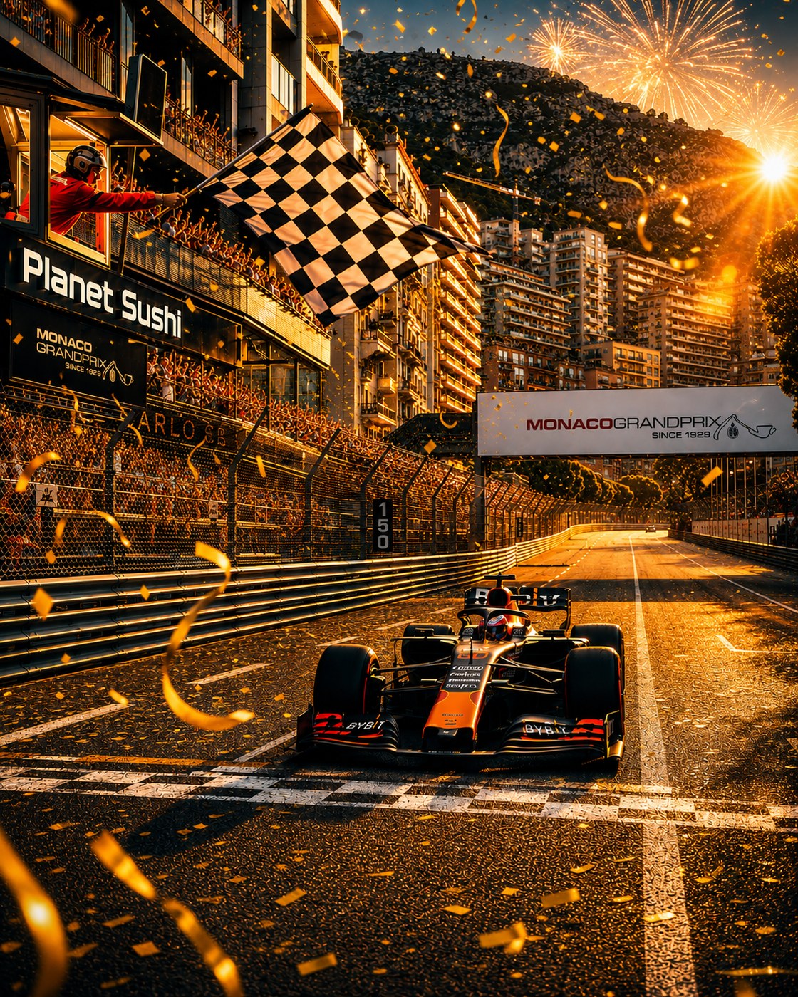 Monaco Grand Prix finish straight at golden hour — checkered flag, fireworks, closing day
